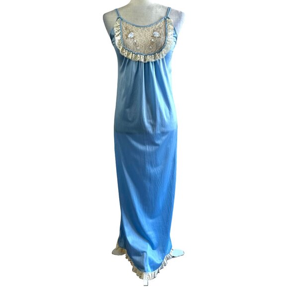 Mistra Vtg 80s Light Blue Ruffle Bibe Embroidered Floral Maxi Nightgown - Picture 1 of 8